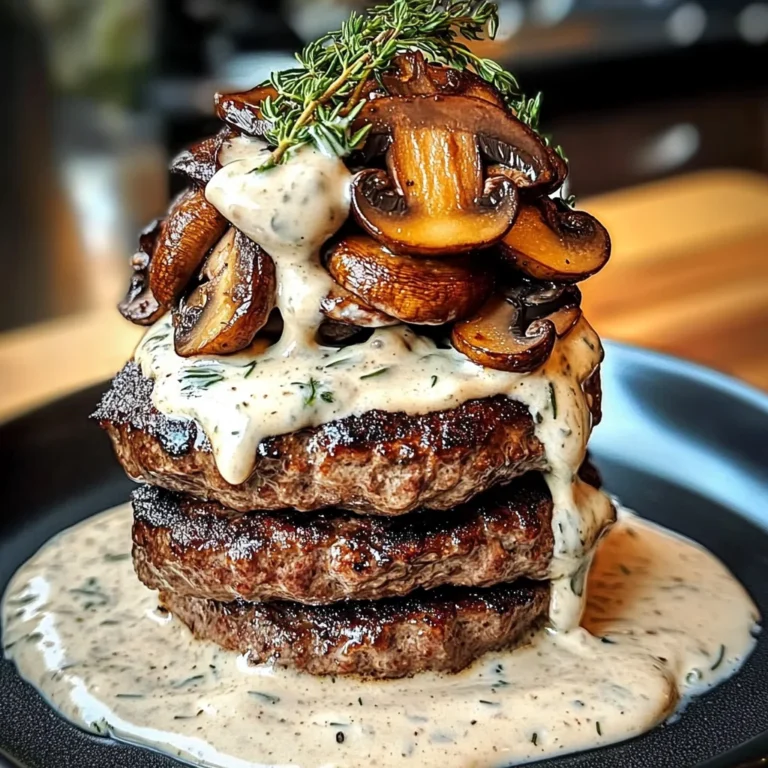 Beef And Mushroom Stack With Thyme Feta Cream Sauce
