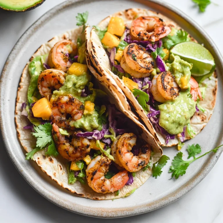 Spicy Shrimp Tacos with Mango Slaw and Avocado Crema