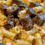 Cajun Steak Tips in Cheesy Rigatoni Parmesan Sauce
