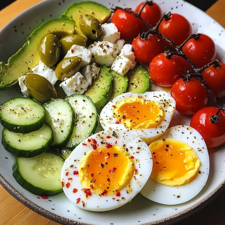Avocado & Soft-Boiled Egg Breakfast Plate with Feta, Olives & Veggies