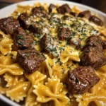 Beef and Bowtie Pasta in Cheddar Sauce