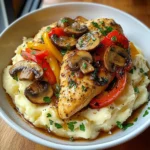 Garlic Butter Chicken with Mushrooms, Peppers & Mashed Potatoes