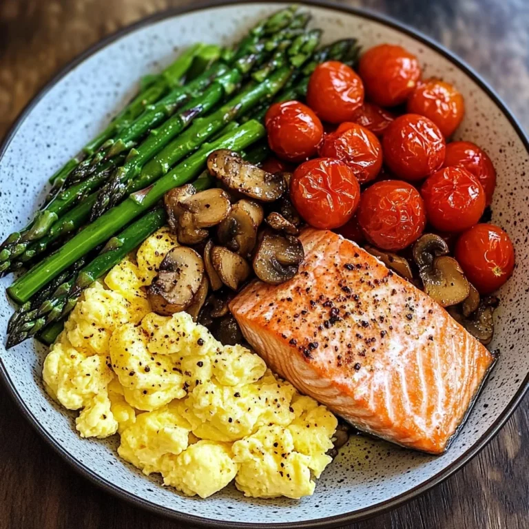 Salmon Power Bowl with Scrambled Eggs, Asparagus & Sauted Mushrooms