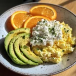 Avocado, Scrambled Eggs & Cottage Cheese Plate with Fresh Orange