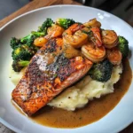 Cajun Salmon with Garlic Mashed Potatoes & Shrimp-Broccoli Saut