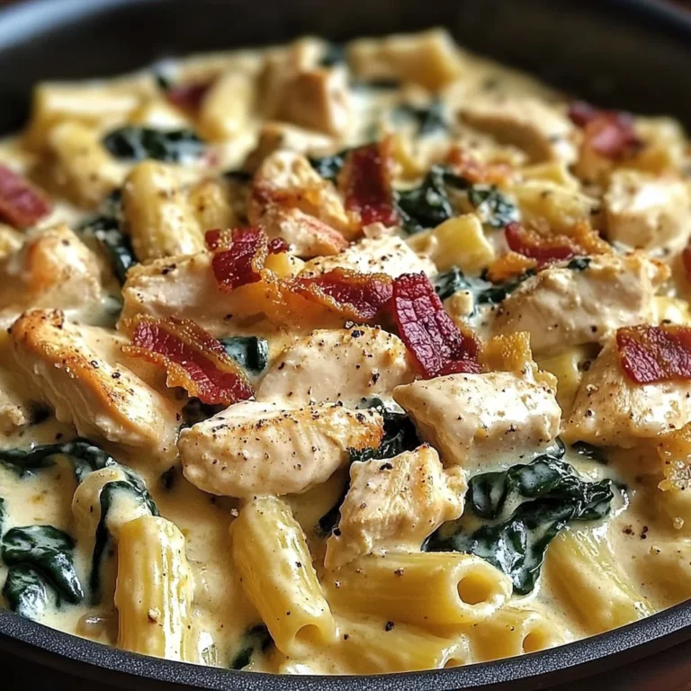 Creamy Chicken Pasta with Spinach, Bacon, and Cheese