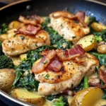 Garlic Butter Chicken Skillet with Bacon, Spinach, Broccoli & Potatoes