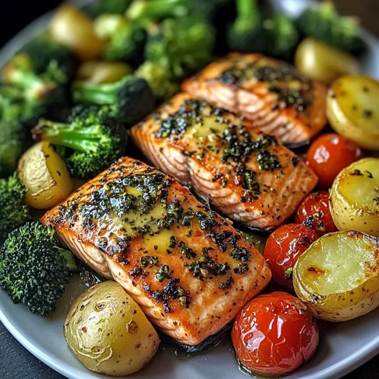 Garlic Butter Salmon with Roasted Veggies & Baby Potatoes