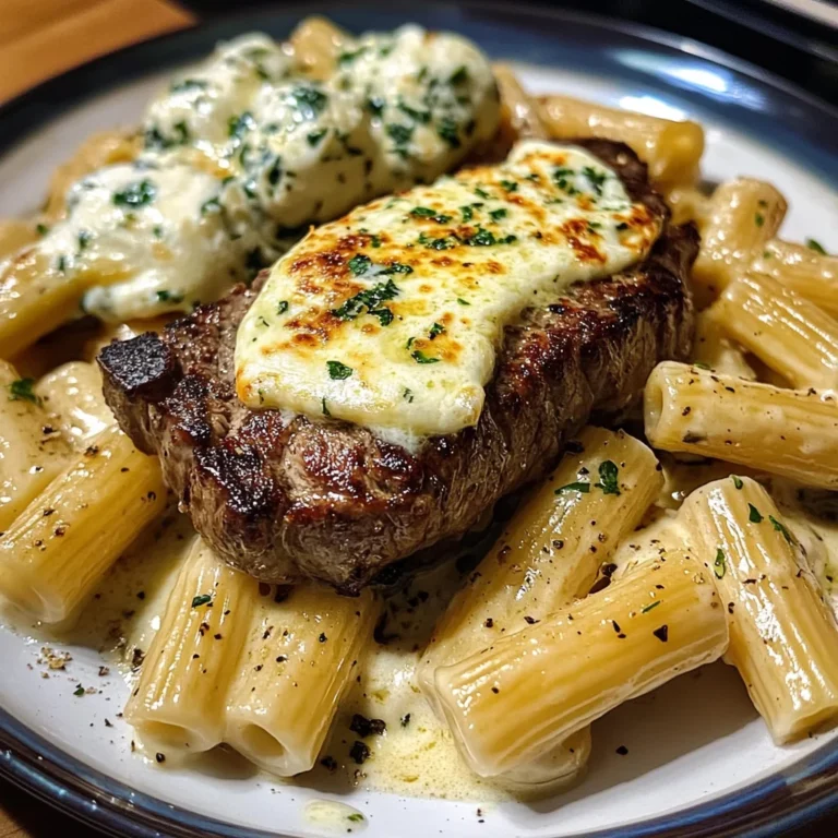 Garlic Cream Steak with Rigatoni in Provolone Cream Sauce