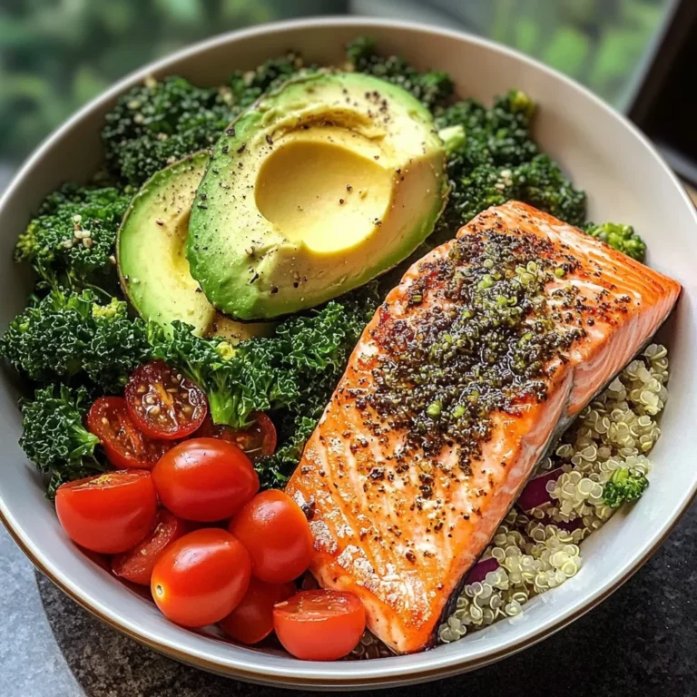 Herb-Roasted Salmon Bowl with Quinoa Kale Salad & Avocado