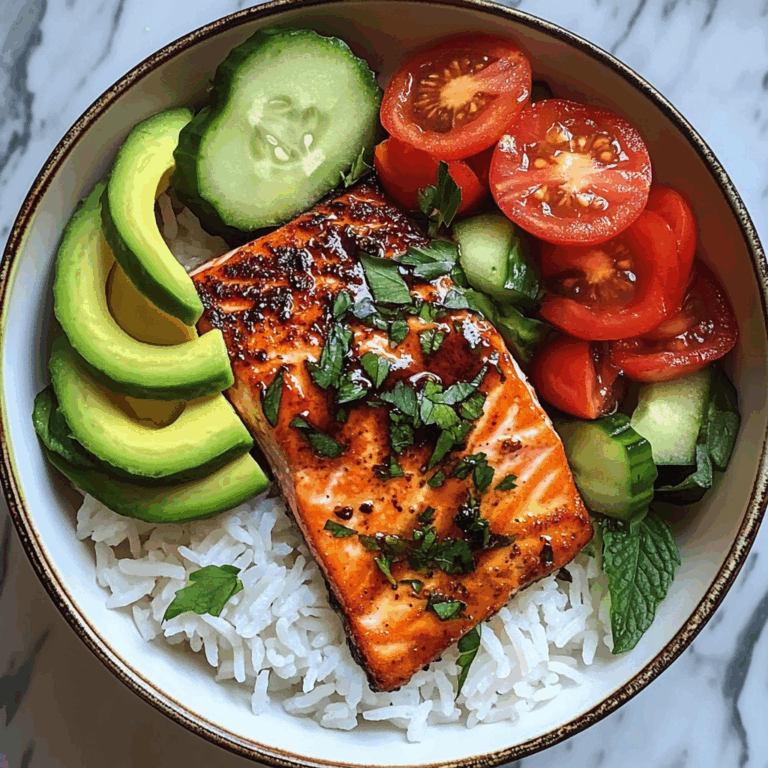 Honey-Glazed Salmon Bowl with Rice, Avocado, Cucumber & Tomato Herb Salad