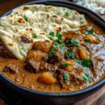 Slow-Cooked Beef Curry with Creamy Coconut Sauce & Garlic Naan